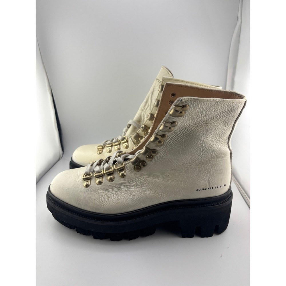 AllSaints Wanda Leather Hiking Boots Chalk White Lug Sole WF567X Womens 7